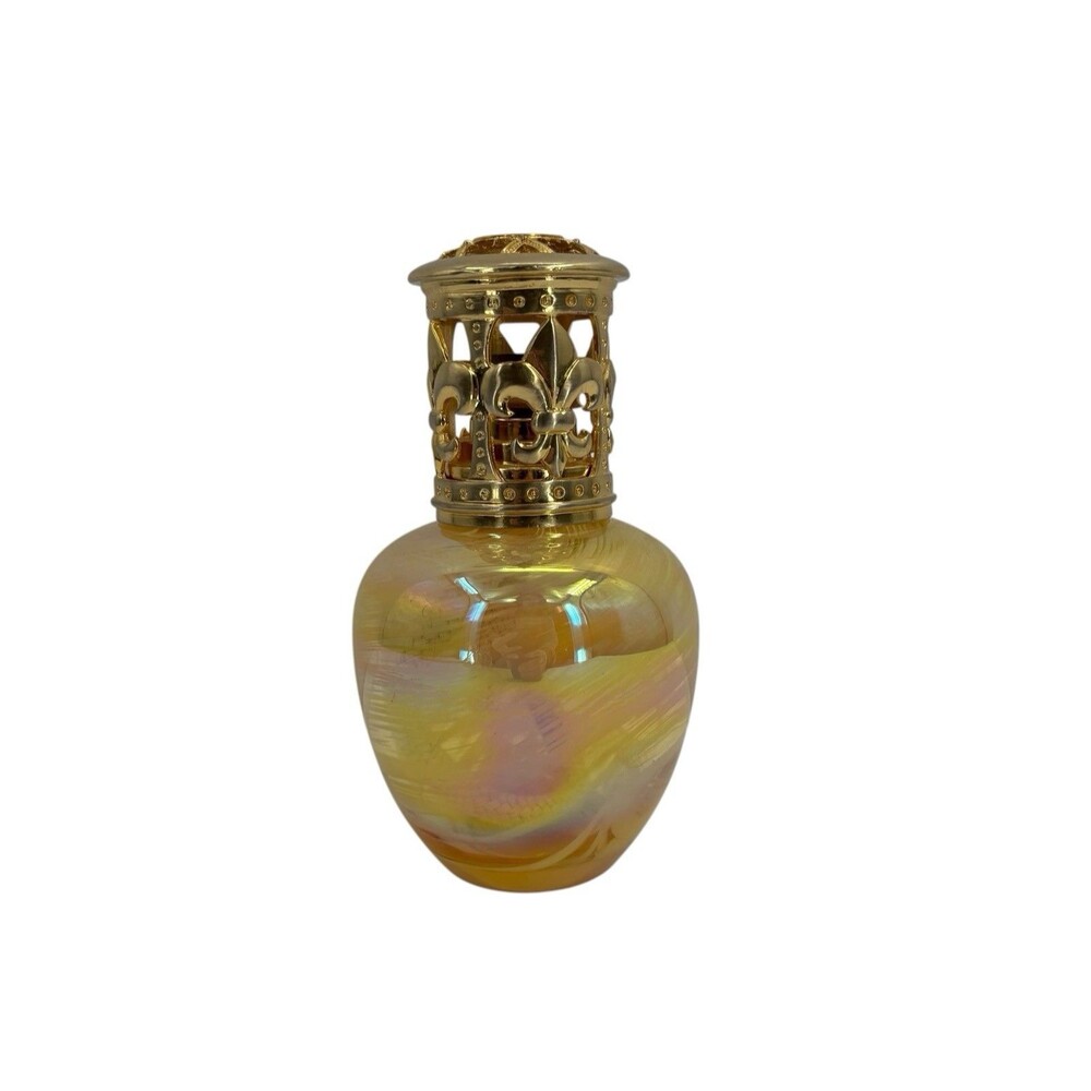 Fragrance Lamp With Diffuser Iridescent Gold With White Swirls Art Glass Base